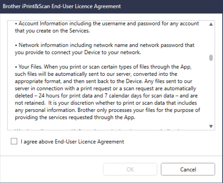 A screenshot of the Brother iPrint&Scan privacy policy that states, among others "Your Files. When you print or scan certain types of files through the App, such files will be automatically sent to our server [...] It is your discretion whether to print or scan data that includes any personal information...."